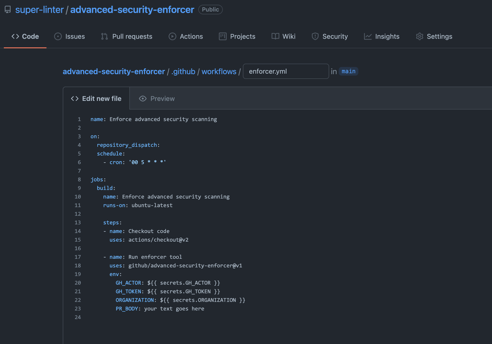 Advanced Security Enforcer workflow diagram showing automated security enablement