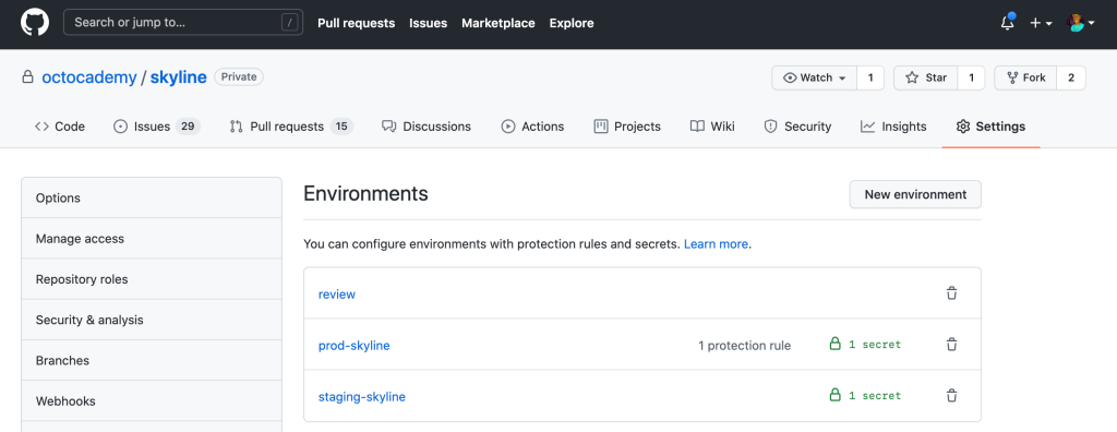 screenshot of environments in GitHub Actions workflow automations 