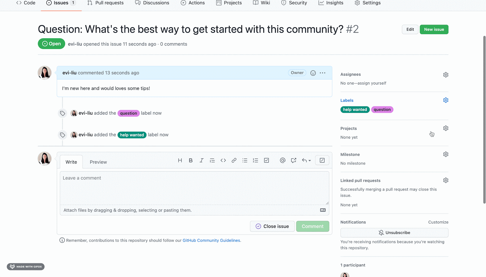 GIF showing how to create an issue from a discussions