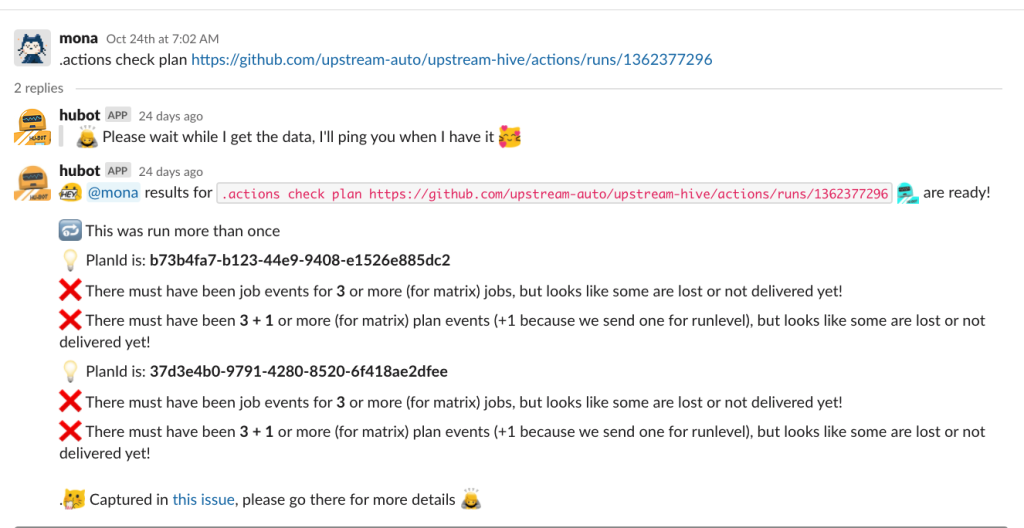 chatops screenshot: Mona runs  `.actions check plan` against a URL