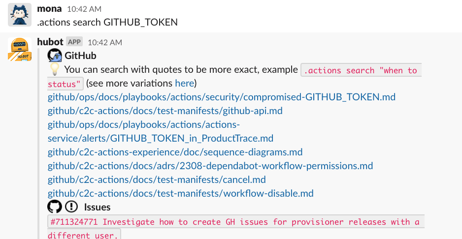 chatops screenshot: Mona runs `.actions search GITHUB_TOKEN`