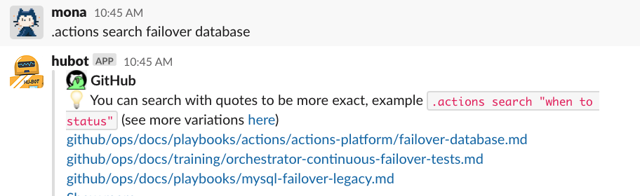 chatops screenshot: Mona runs `.actions search failover database`