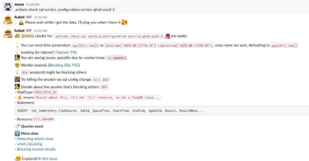 chatops screenshot: Mona executes `.actions check sql service_configuration service-ghub-eus2-3`
