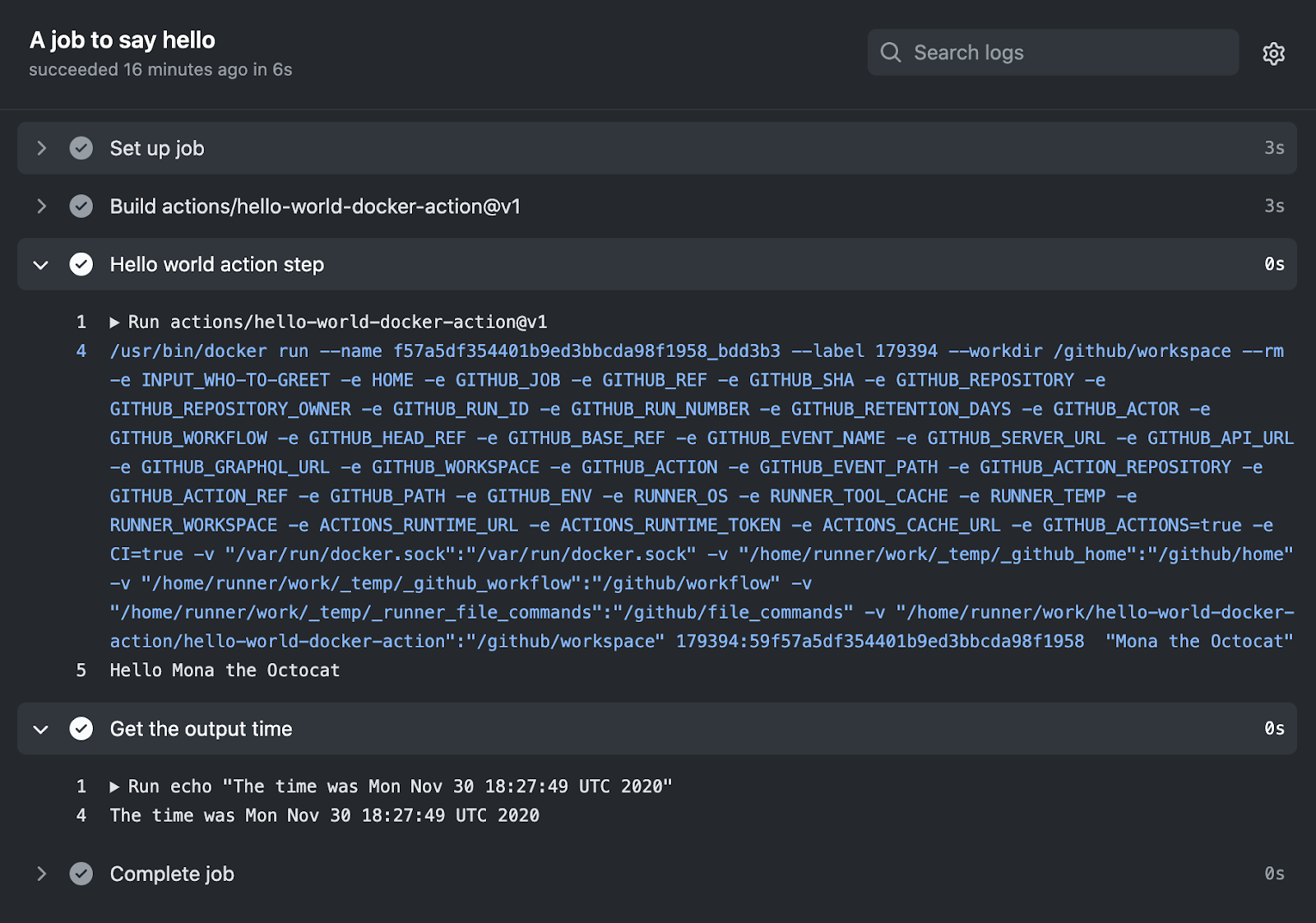 Screenshot of sample Docker container action. 