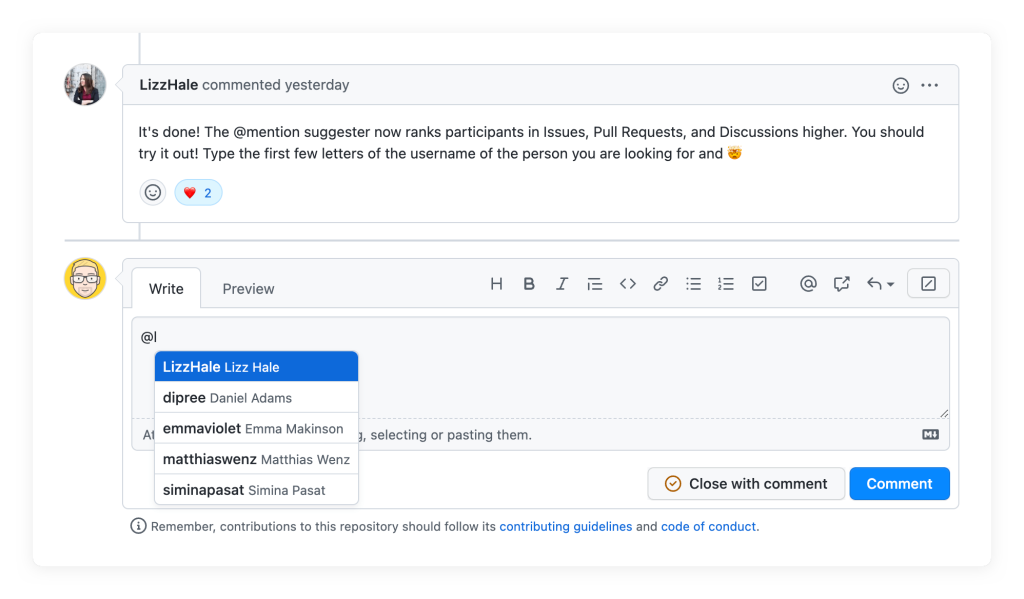 screenshot showing relevant @mention suggestions