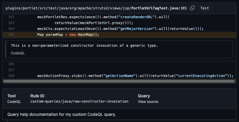 screenshot showing help option for custom codeql query