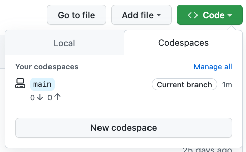 Screenshot of UI to launch a new codespace