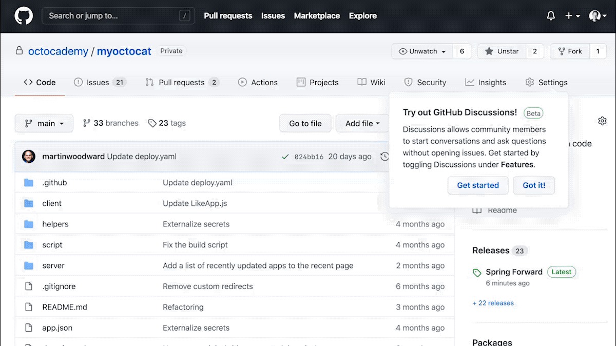 GIF showing how to enable GitHub Discussions