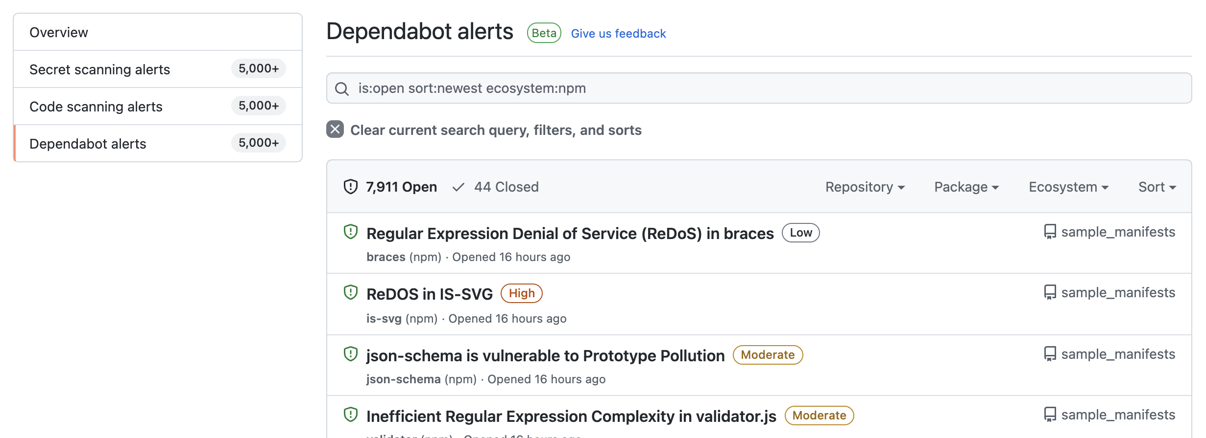 Screenshot of Dependabot org-level alerts.