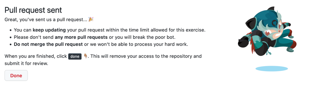 Screenshot of pull request confirmation that candidate will receive