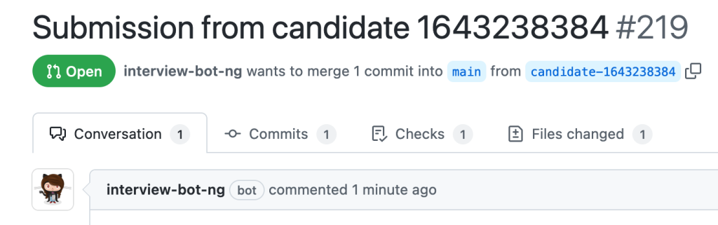Sample pull request from interview-bot, showing anonymized ID rather than candidate name