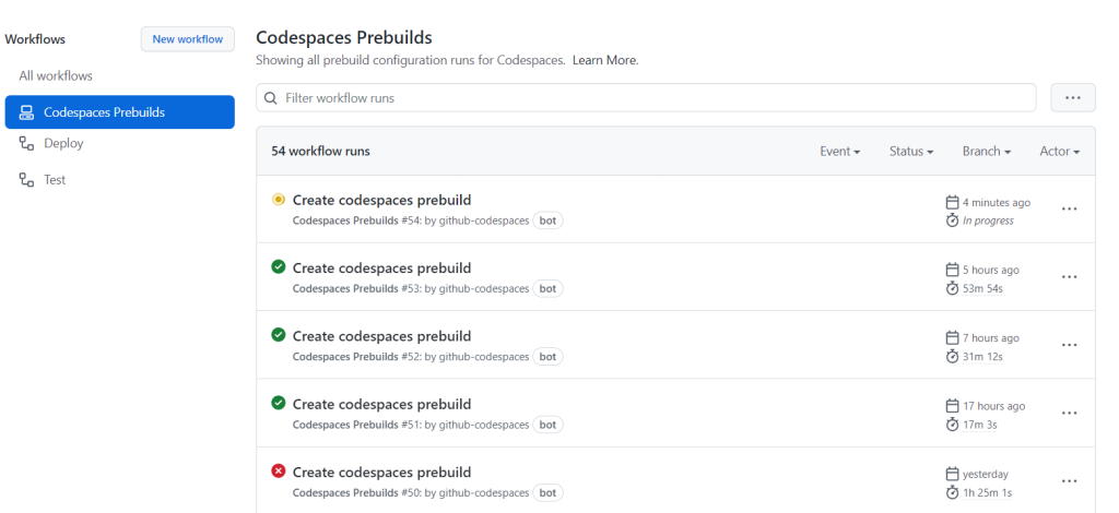 Screenshot of Actions workflow for Codespaces prebuild