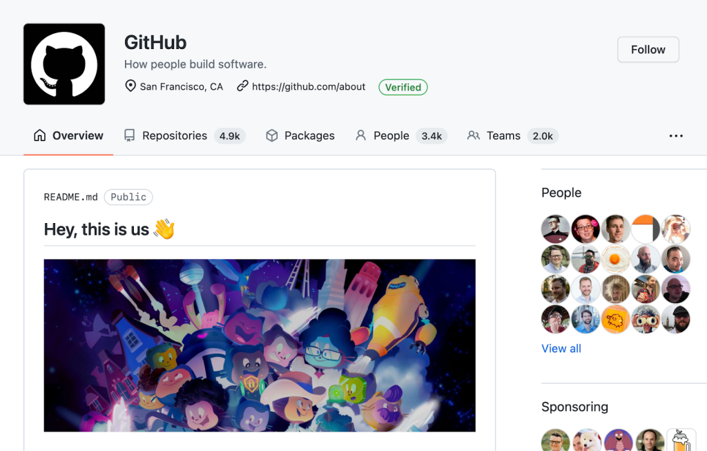 Screenshot of GitHub's organization page, with follow button in top right