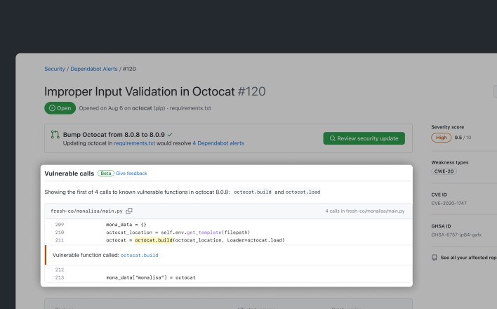 An example of the new Dependabot feature in product.