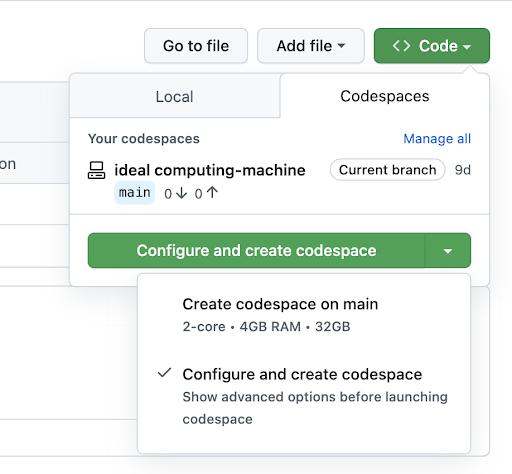 configure and create codespace screen