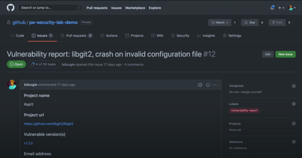 A screenshot of an Issue template GitHub employees use to report vulnerabilities