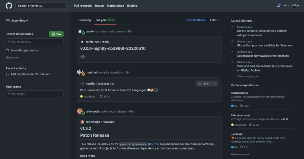 Screenshot showing a logged in users github.com page with the Changelog feed appearing in the right sidebar