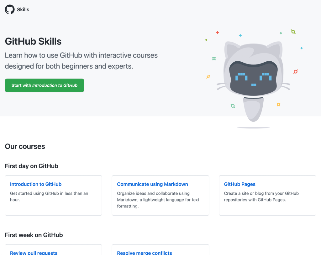 Screenshot of GitHub Skills main webpage