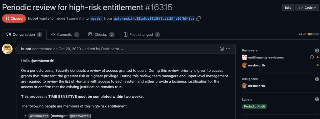 Screenshot of periodic review of high-risk entitlement