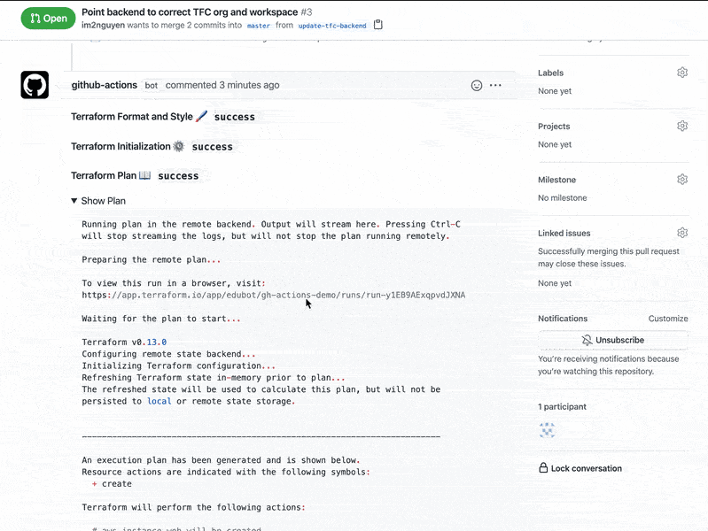 A screenshot of a GitHub Actions Terraform workflow.