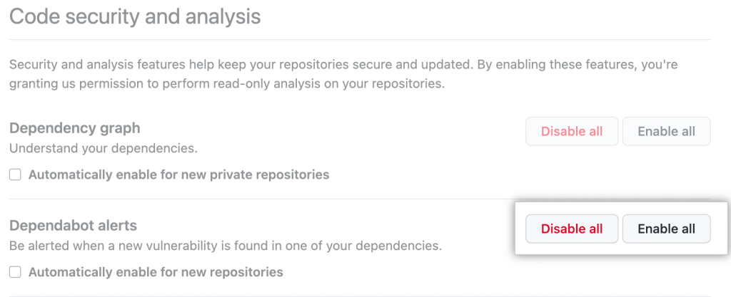 Screenshot showing how a user can receive alerts on GitHub Actions and vulnerabilities impacting their code