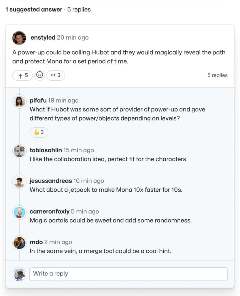 Screenshot of a threaded conversation in GitHub Discussions