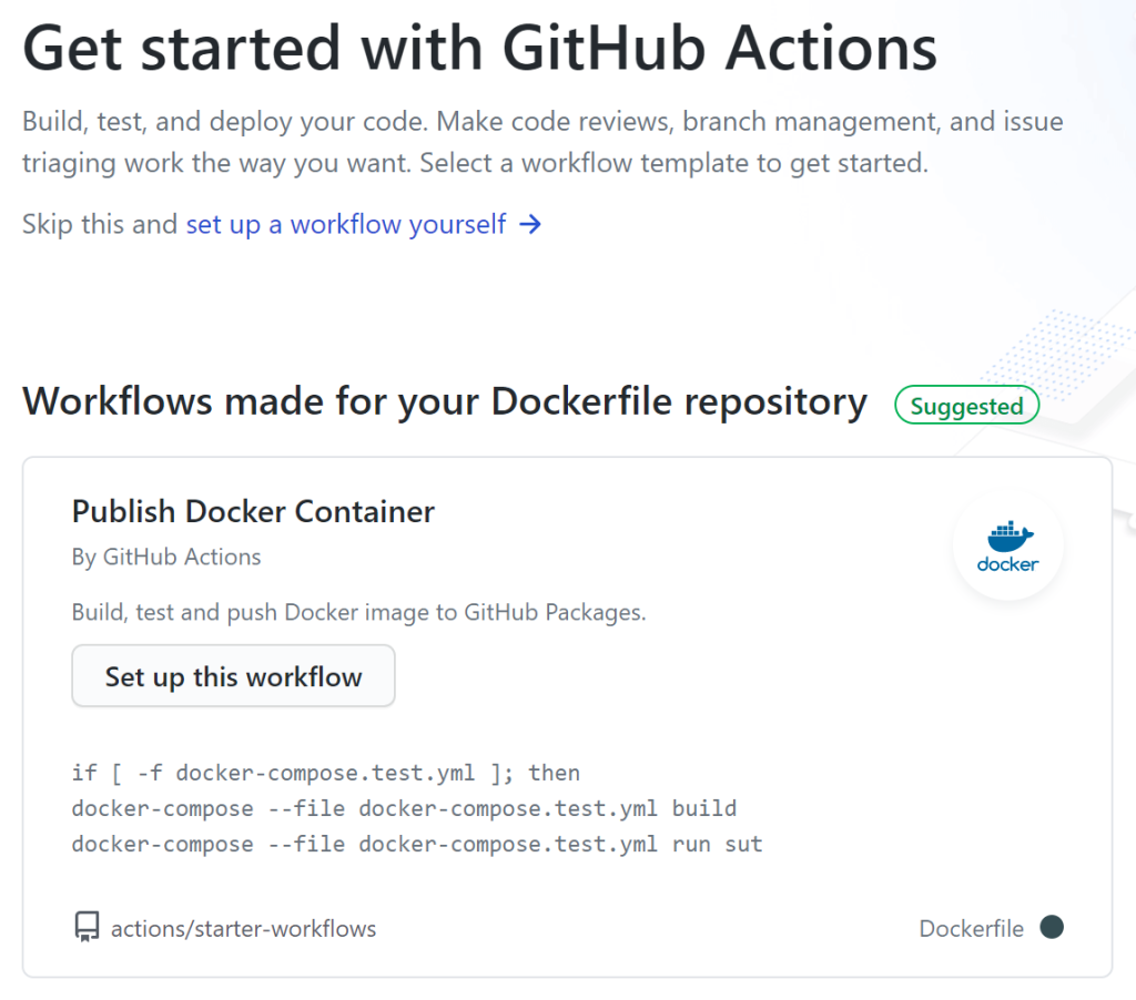 A screenshot of a GitHub Actions workflow that allows developers to automate the process of publishing Docker container images.