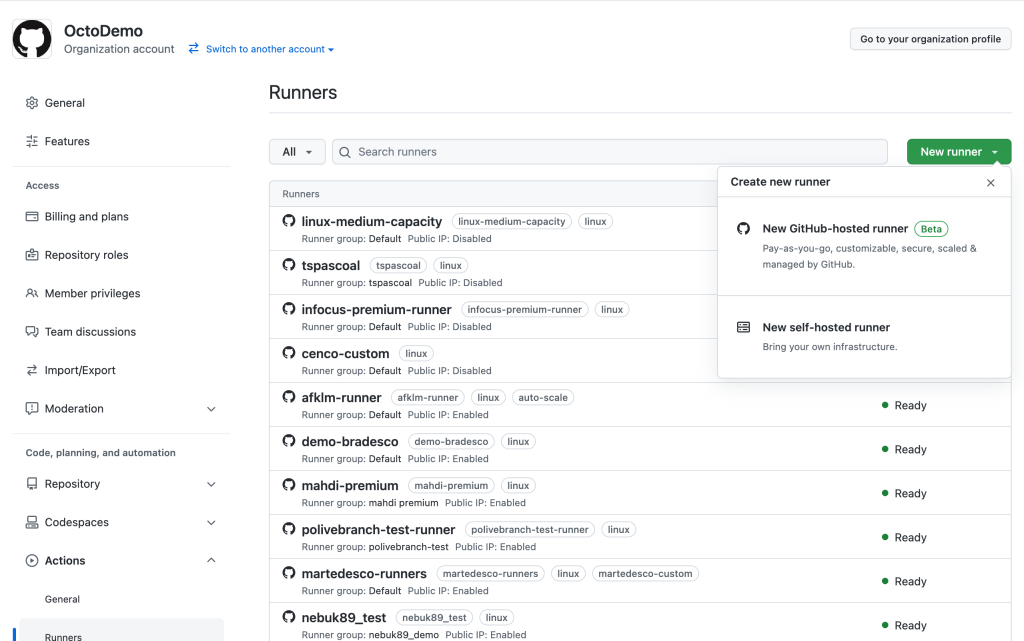 Screenshot of the runners list page, showing "GitHub Hosted Runner" as an option for creating a new runner.