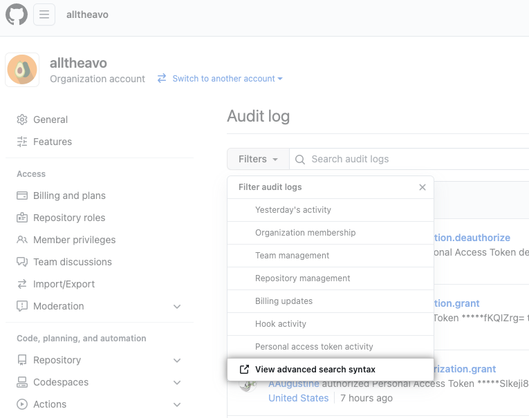 view advanced search syntax added to audit log filter