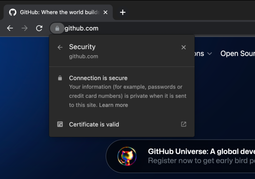 Viewing site information of a GitHub page in a browser shows a correct GitHub URL and a valid certificate issued to GitHub, Inc.