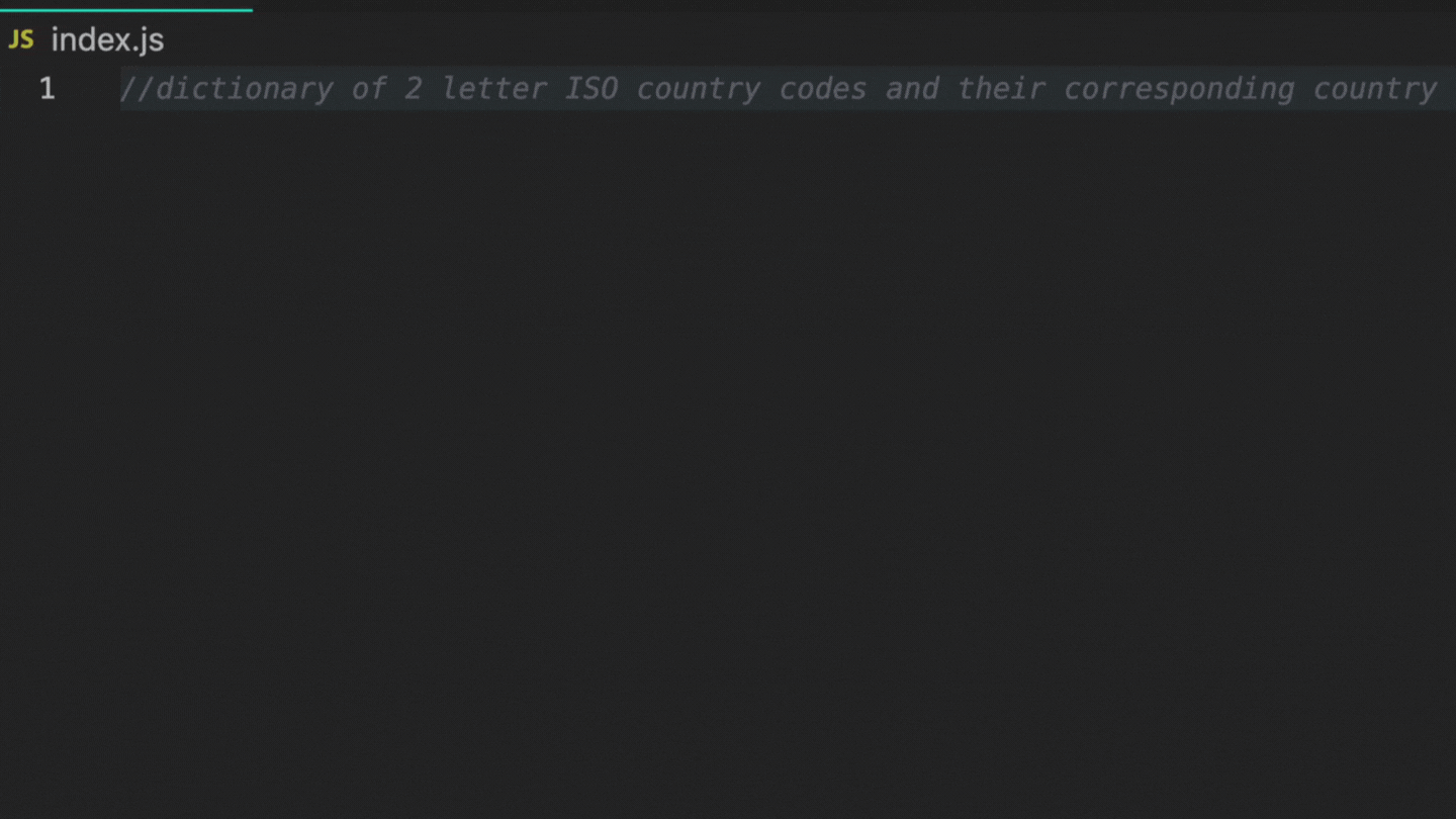 Demonstration of using GitHub Copilot to create a dictionary of two-letter ISO country codes and their contributing country name.