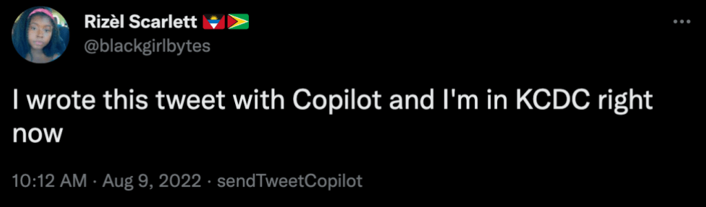 Screenshot of a tweet from Rizel Scarlett that reads, "I wrote this tweet with Copilot and I'm in KCDC right now."