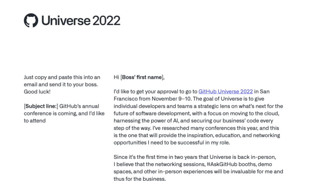 Email template to send to your boss requesting to attend GitHub Universe