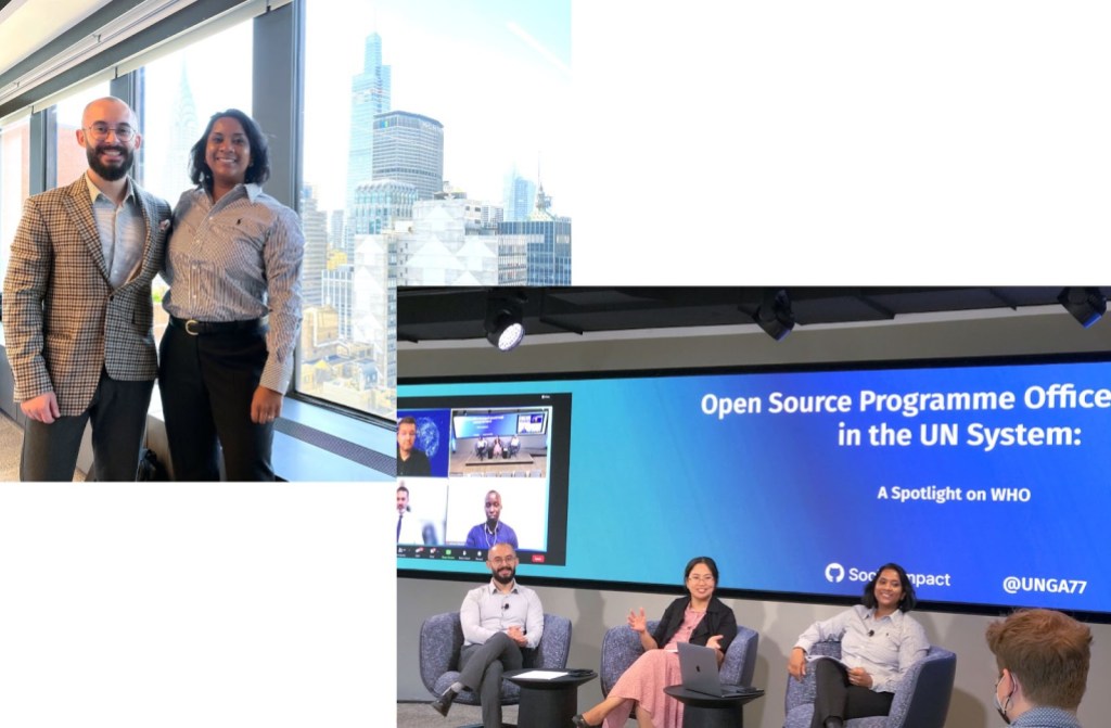 Collaged photographs of the OSPO in the UN panel presentation, one of a man and a woman standing side-by-side and smiling at the camera, and the other of three panelists sitting in chairs in front a screen displaying the presentation slides.