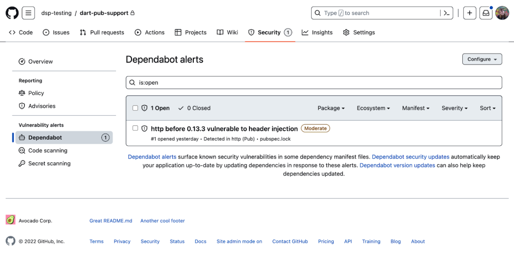 A repository’s Dependabot alerts page, which has one open alert for a vulnerability on a Dart/pub package
