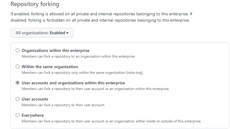 Screenshot showing the list of places a new fork can be restricted to using enterprise policy.