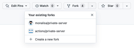 Screenshot of the "existing forks" dropdown menu.