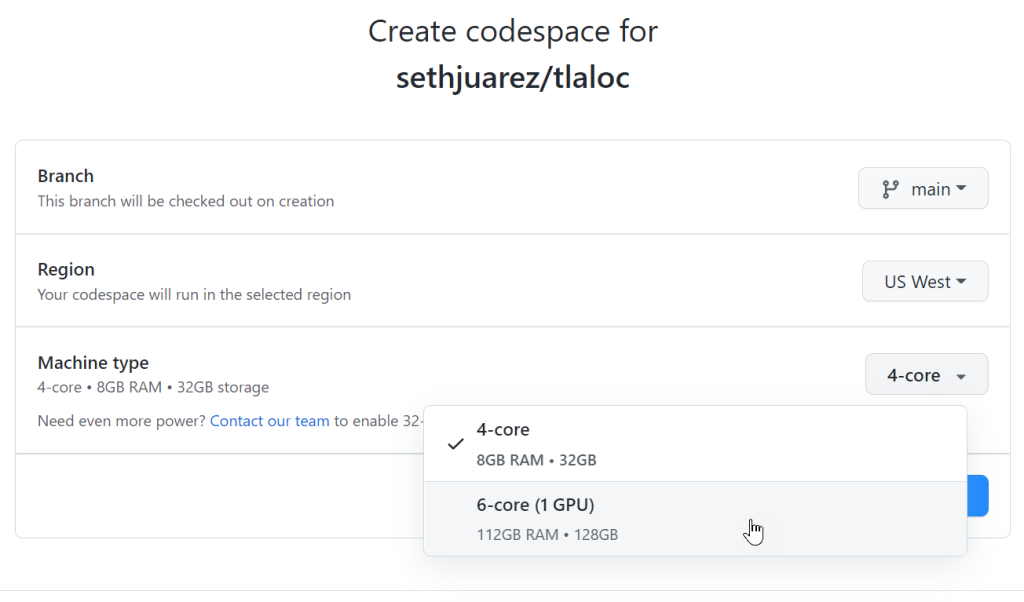 Screenshot - Create codespace for sethjuarez/tlaloc with GPU options showing
