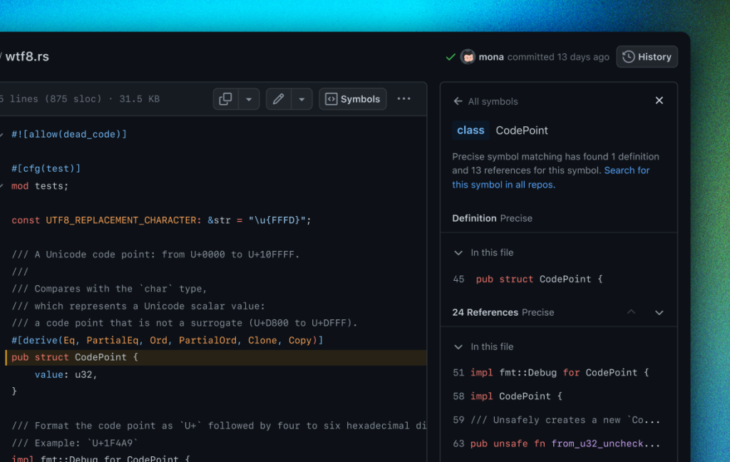 Screenshot of the redesigned code view in a GitHub repository, which tightly integrates browsing, search, and code navigation.