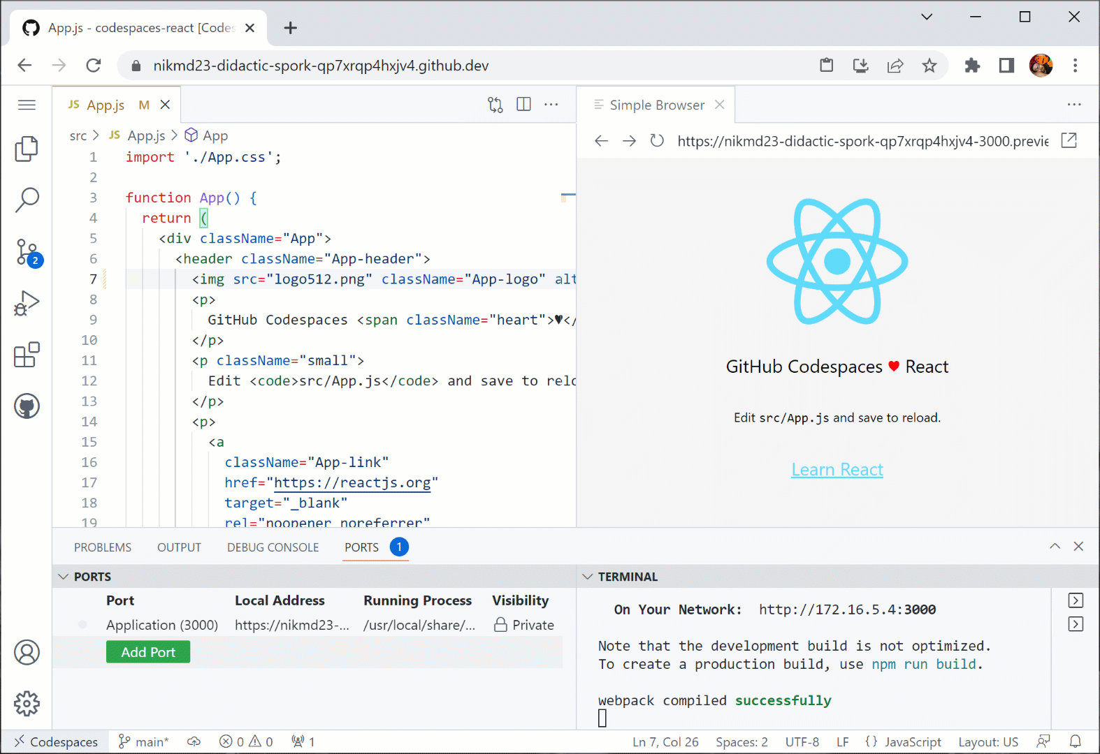 Gif demonstrating how to start a new project from Codespaces with React.