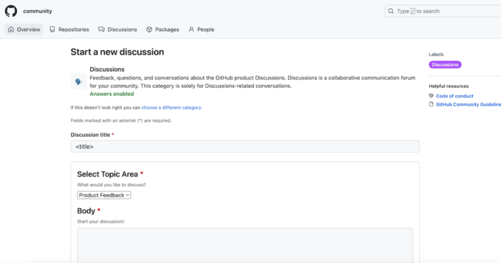 Screenshot of the "new discussion" page in the GitHub community on GitHub.