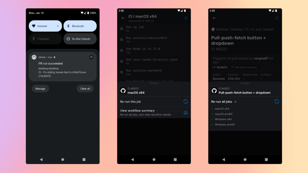 Three phone screens, each showing a different aspect of interacting with GitHub Actions. The first shows a notification in the notifications center stating that a PR run has succeeded. The second and third show what the same notice looks like in the GitHub app, with options to re-run.
