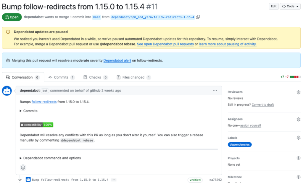 Screenshot of an open pull request with a yellow banner indicating that Dependabot updates are paused. The banner includes instructions on how to resume updates by interacting with Dependabot. 
