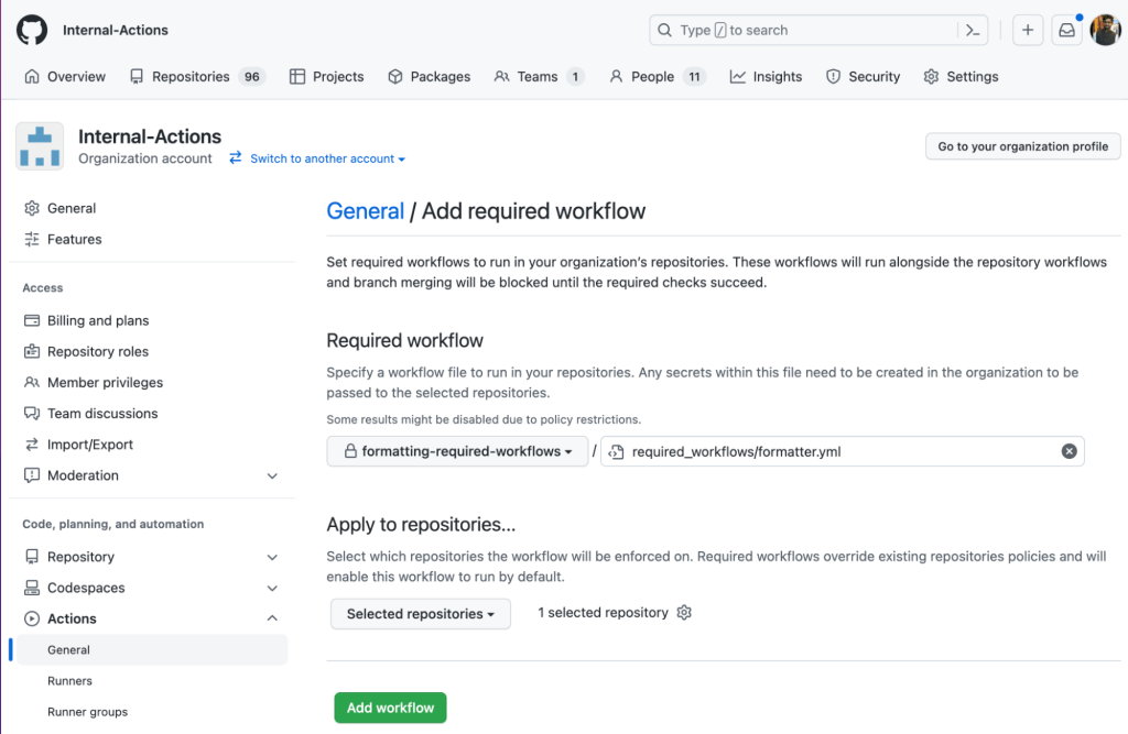 Screenshot of the page where an administrator can now add required workflows to run in their organization's repositories.