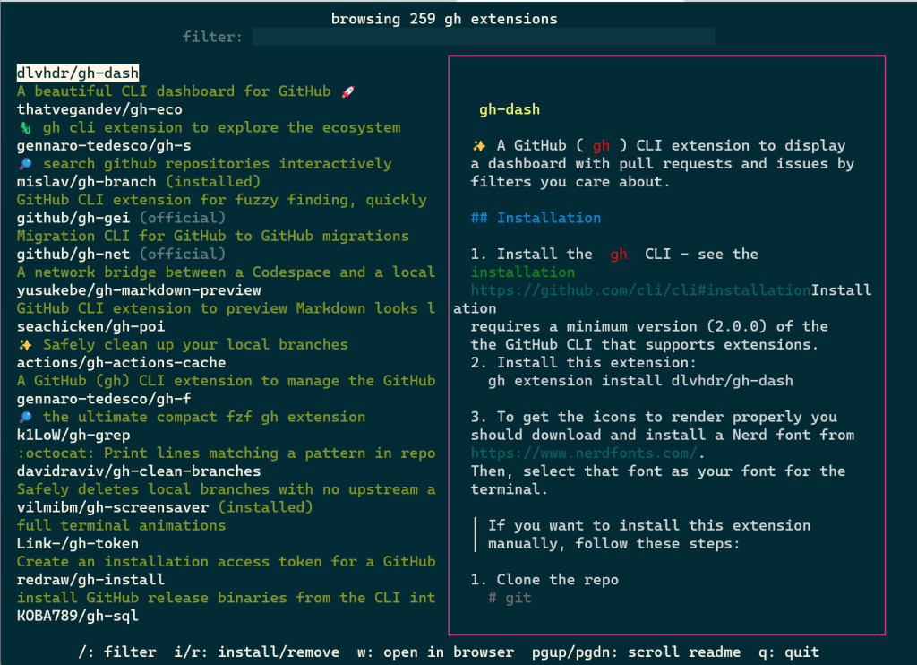 A screenshot of a terminal showing the user interface of "gh ext browse". A title and  search box are at the top. The left side of the screen contains a list of extensions and the right side a rendering of their readmes.