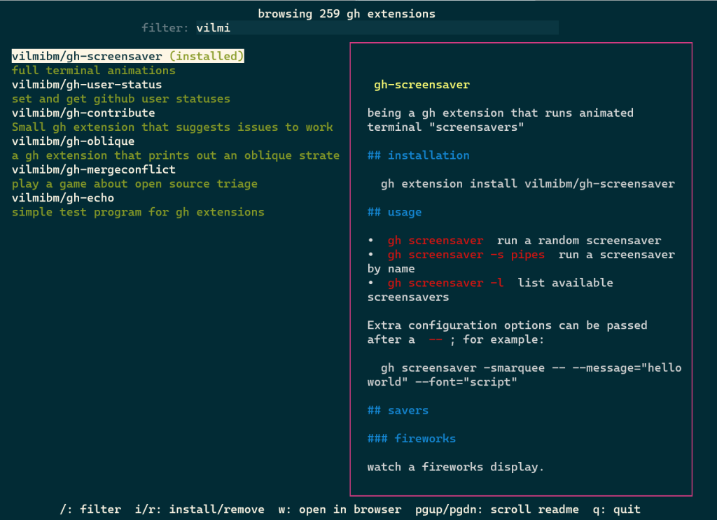 A screenshot of "gh ext browse" running in a terminal. At the top, a filter input box is active and a search term has been typed in. The left column shows a filtered list of extensions that match the search term. The right column is rendering an extension's readme.