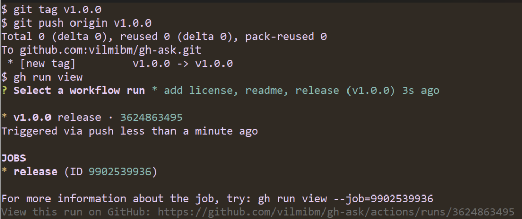 A screenshot of running "git tag v1.0.0", "git push origin v1.0.0", and "gh run view" in a terminal. The output shows a tag being created, the tag being pushed, and then the successful result of the extension's release job having run.