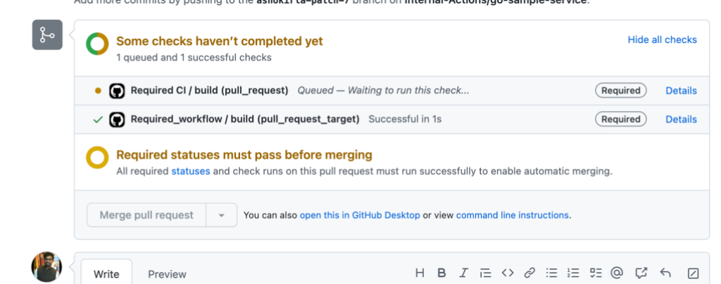Screenshot showing that required workflows have not run on a pull request, blocking it from being merged.