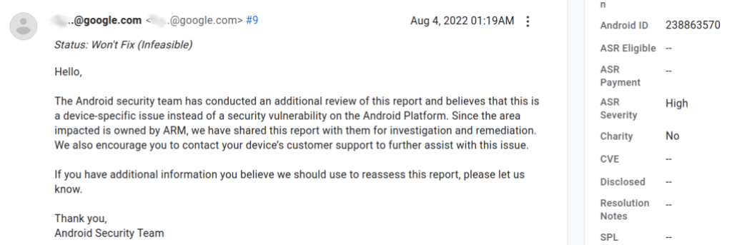 Screenshot of an email from the Android security team that the reported bug has been labeled "won't fix."