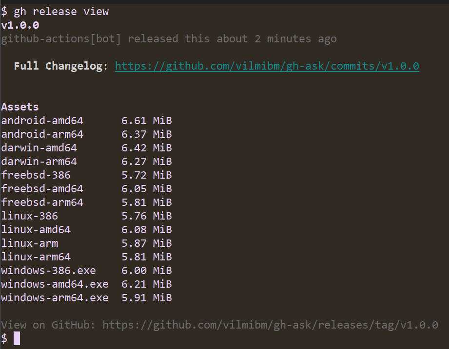 A screenshot of running "gh release view" in a terminal for the extension created in the blog post. The output shows a list of assets. The list contains executable files for a variety of platforms and architectures.